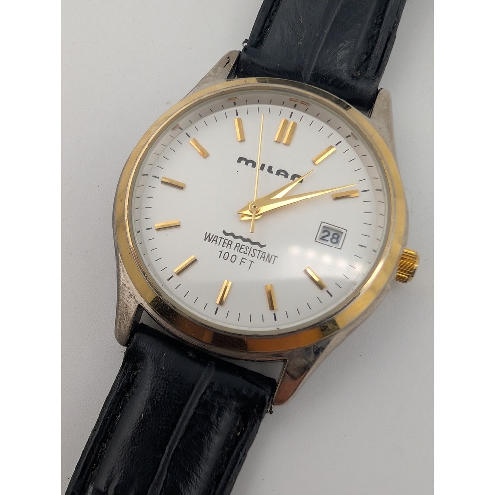 Milan Men's Watch 36mm Case Black Leather Band- New Battery